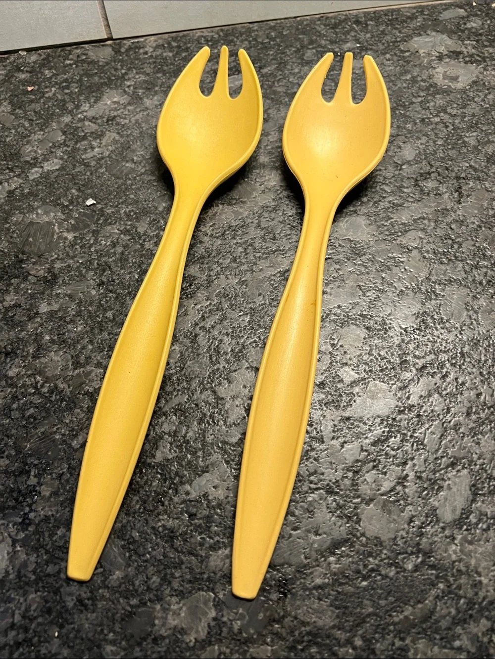 Set of 2 TUPPERWARE Harvest Gold Salad Serving Forks - 12”. Like new.
